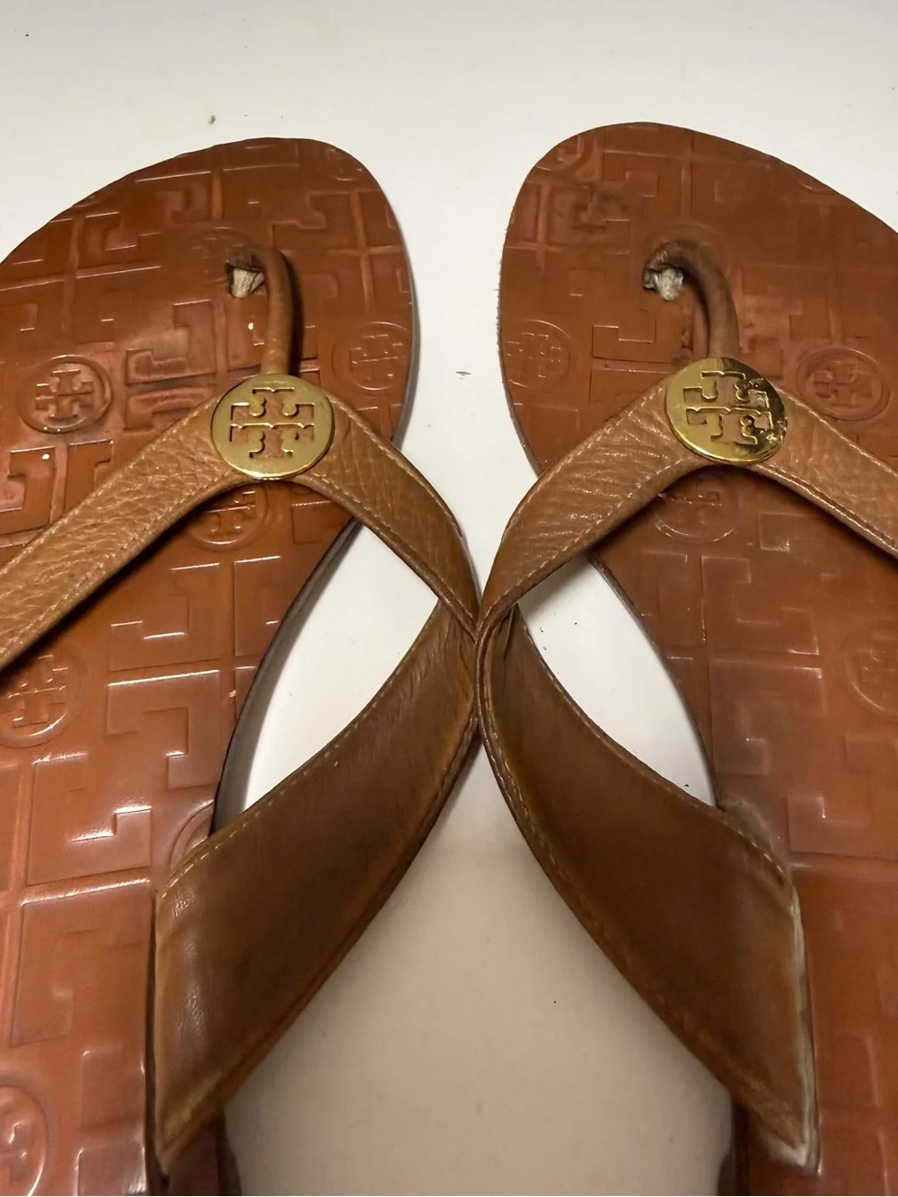 Tory Burch Black Leather and Brown Rubber Logo Flip Flop Sandals